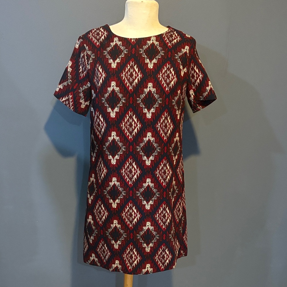 Forever 21 Geometric Patterned Shirt Dress XS Red Blue Cream